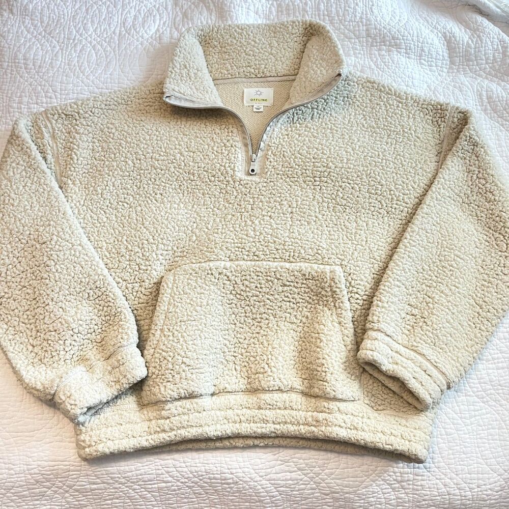aerie Offline Sherpa Pull Over 1/4 Zip Cream Cropped Sweatshirt Large Lounge